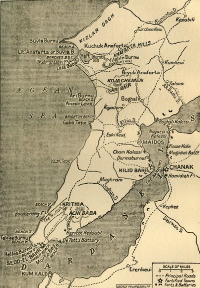ガリポリ半島の地図、1919年。 作： George Philip and Son Ltd