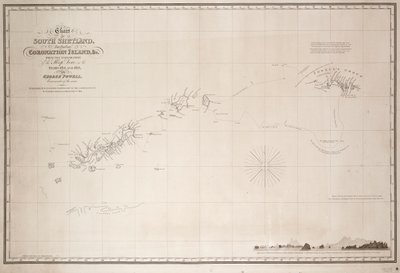 コロネーション島を含むサウスシェトランドの海図。1821年と1822年にジョージ・パウエル船長が行ったドーブ号の探検から。 作： George Powell