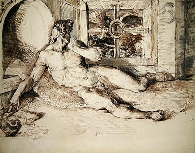 フクロウに驚かされた寝たきりの青年 作： George Richmond