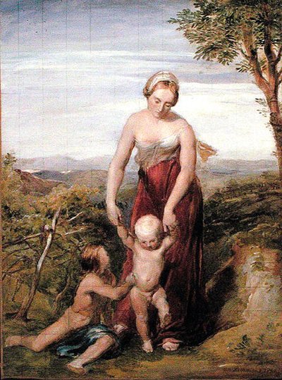 丘陵地帯の風景の中で二人の子供を連れた女性 作： George Richmond