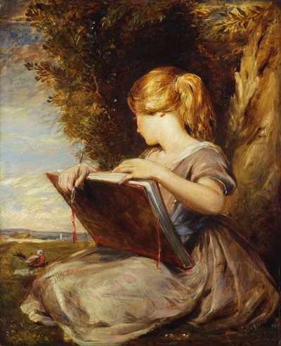 スケッチブックのある木の下に座っている少女、 作： George Richmond