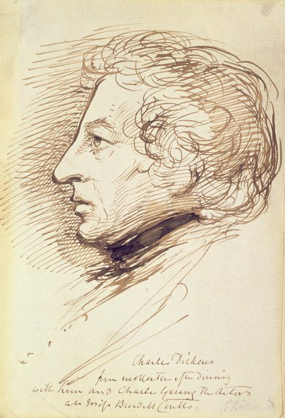 チャールズディケンズの肖像（1812-70）（紙にペンと茶色のインク） 作： George Richmond