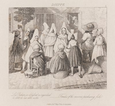 魚を購入する女性、ディエップ、1821年頃（エッチング） 作： George Robert Lewis