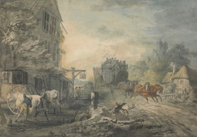 バス・ロンドン・ロードの村を疾走する駅馬車と4台 作： George Robertson