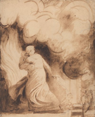 燃え盛る都市の城壁の上を、子供を抱いた母親が飛んでいる 作： George Romney