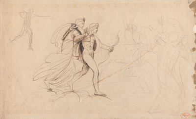 『ニオベの子たちの死』に登場するアポロ、ダイアナ、そして騎手 作： George Romney
