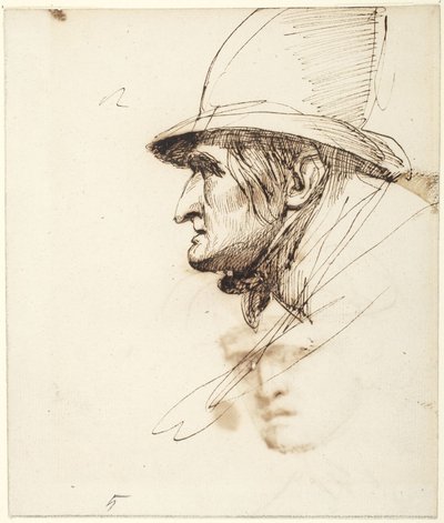 大きな帽子をかぶった男性の横顔 作： George Romney