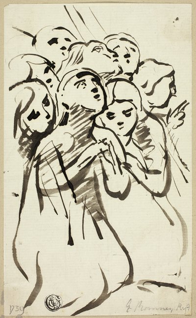 ひざまずく人影が群がる 作： George Romney