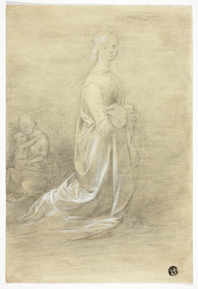 ひざまずく女性、座る母と子 作： George Romney