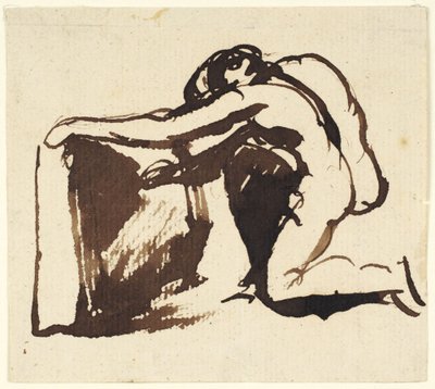 大きな板に何かを書いている、裸でひざまずいた人物 作： George Romney