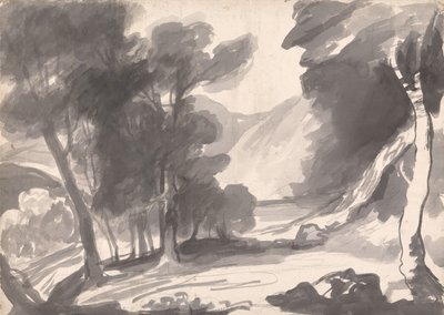 風景習作：小森、湖、そして山々 作： George Romney
