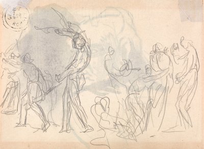 戦いに出かける男たち、その背後にはうずくまる女たちの群れ 作： George Romney