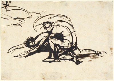 倒れた人物の上に身を乗り出す裸体 作： George Romney
