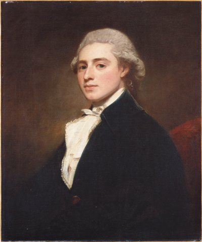 ジェームスダッシュウッドの肖像、ハーフレングス、青いジャケットと白いジャボを着用 作： George Romney
