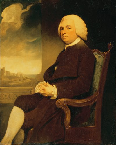 座っているマイケル・ラッセルの肖像画、向こうにドーバー城（キャンバスに油彩） 作： George Romney