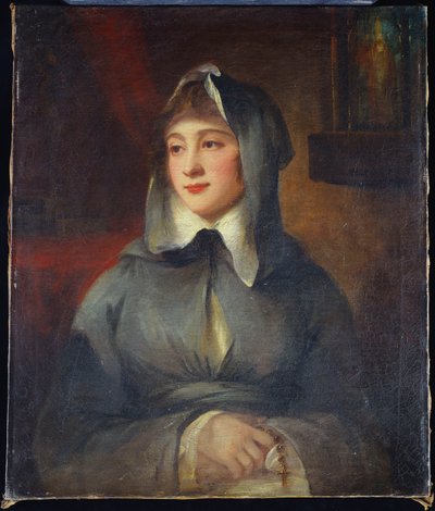 インテリアの神社でロザリオを握っている修道女として半分の長さの女性の肖像画 作： George Romney
