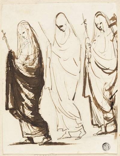 十字架または王笏を持った 3 人のドレープ女性の行列 作： George Romney