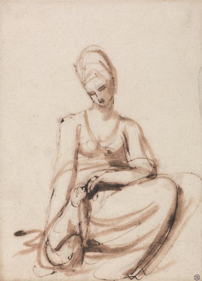 動物に餌をやる座っている女性 作： George Romney