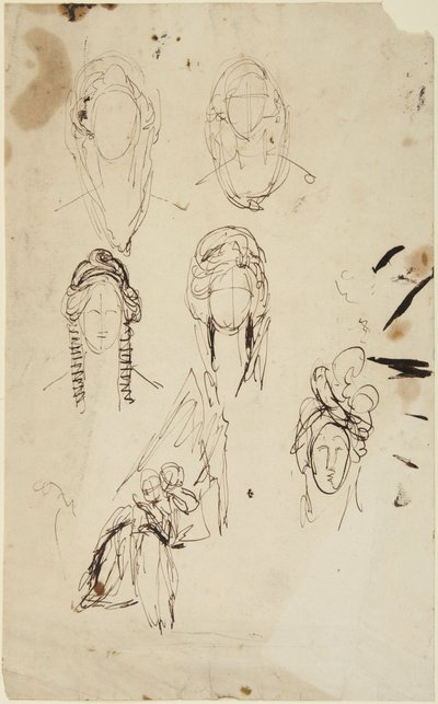 女性の頭部のスケッチと、子供を抱いて座っている女性のスケッチ 作： George Romney