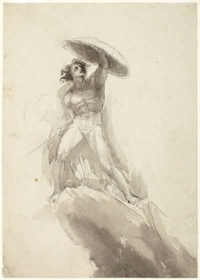 盾を持った大股で歩く男性の裸体：『反逆の天使たちの堕落』のための習作 作： George Romney