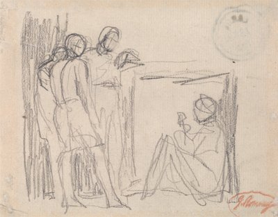 座る人物の前に立つ3人の人物 作： George Romney