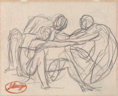 座った人物と格闘する2人の跪いた人物 作： George Romney