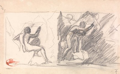 スケッチ2点：座った男性ヌード、後姿、立った人物、身振り手振り 作： George Romney