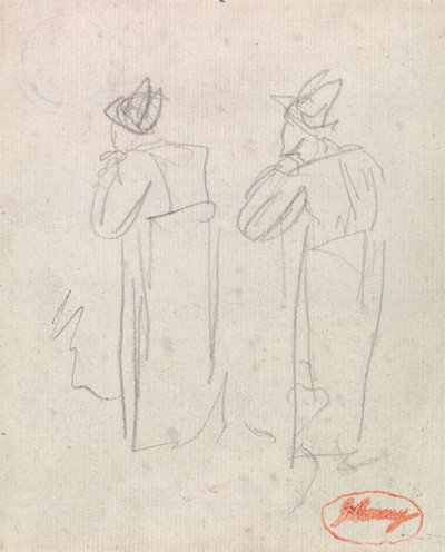 背の高い帽子をかぶった2人の立ち姿 作： George Romney