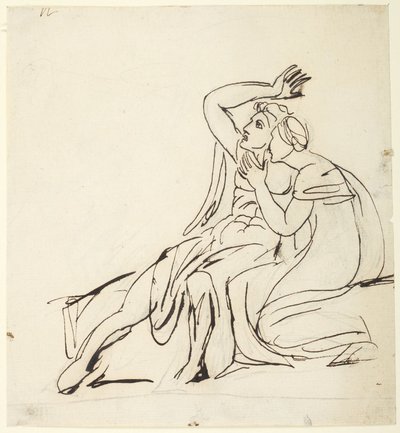 座っている人物2体；裏面：人物3体の習作 作： George Romney