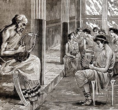 古代ギリシャの学校：教師が生徒に竪琴を教える。 作： George Roux