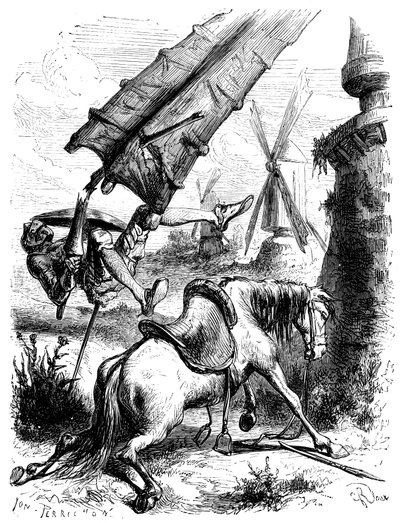 工場との戦い：ドン・キホーテとロシナンテは工場の翼に投げ飛ばされる。 作： George Roux