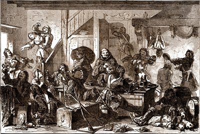 Dragonnades: 1680 年代にフランス王国のプロテスタント コミュニティに対して行われた迫害。 19 世紀 (彫刻) 作： George Roux
