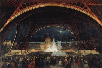 1889 年の万国博覧会での夜のパーティー、エッフェル塔の下、c. 1889年。 作： George Roux
