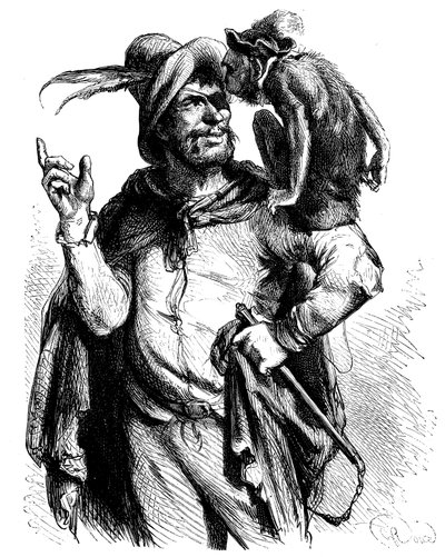 セルバンテスの『ドン・キホーテ』のためのジョージ・ルー（1853-1929）による挿絵：ピーター様と猿-文学の中の猿 作： George Roux