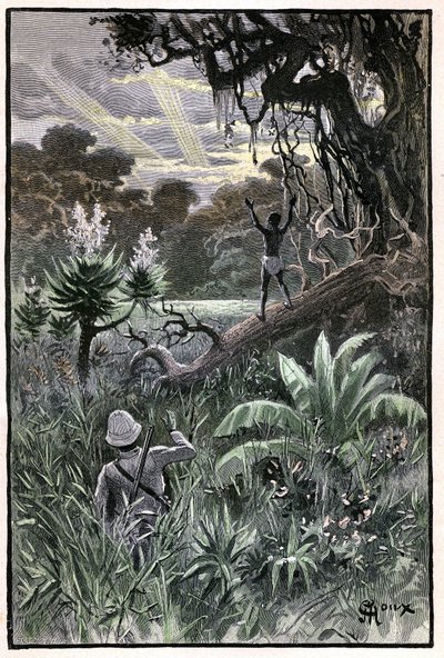 ジュール・ヴェルヌの著書 "The Aerien Village"(1901年)のためのGeorge Rouxによる挿絵、Hetzel版/Extraordinary Voyages, Known and Unknown Worlds。アフリカの森（コンゴ）の眺め。 作： George Roux