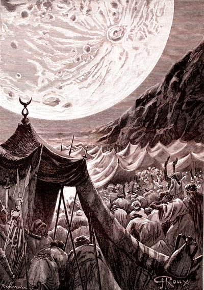 ヌビアの砂漠に浮かぶ月。イスラム教徒が祈りを捧げる。 作： George Roux