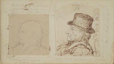 ウィリアムブレイクとヘンリーフセリの肖像画を重ねたウサギの研究（紙に黒鉛とインク） 作： George Samuel