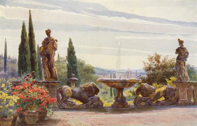 イタリアの庭園：パルミエリ荘から見たフィレンツェ（カラーリトグラフ） 作： George Samuel Elgood