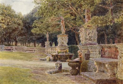 イタリアの庭園前庭、ボルゲーゼ邸（カラーリトグラフ） 作： George Samuel Elgood