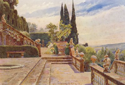 イタリアの庭園：ジュオコ・デッル・パッローネ、ヴィラ・ガルゾーニ（カラーリトグラフ） 作： George Samuel Elgood