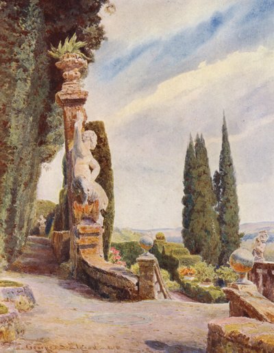 イタリアの庭園：ガルゾーニ荘、大階段の頭（カラーリトグラフ） 作： George Samuel Elgood