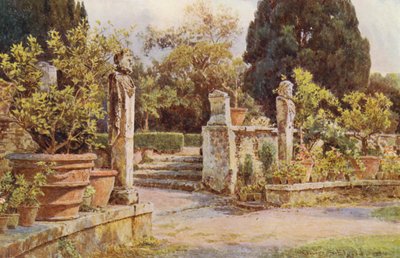 イタリアの庭園ターミナル像、ヴィラ・ピアッティ（カラーリトグラフ） 作： George Samuel Elgood