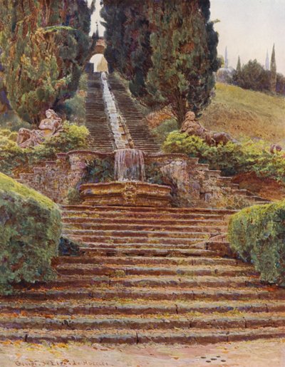 イタリアの庭園カスケード、ヴィラ・チコーニャ（カラーリトグラフ） 作： George Samuel Elgood