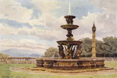 イタリアの庭園ドラゴンの噴水、モンドラゴーネ邸（カラーリトグラフ） 作： George Samuel Elgood