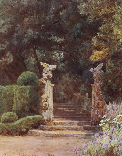 イタリアの庭園龍の門、ガルゾーニ邸（カラーリトグラフ） 作： George Samuel Elgood