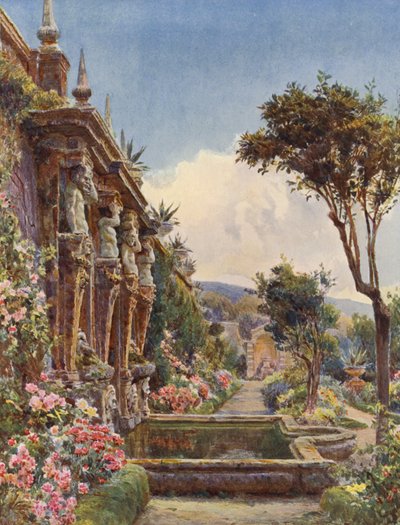 イタリアの庭園：ヴィラ・インペリアーリ、下のテラス（カラーリトグラフ） 作： George Samuel Elgood