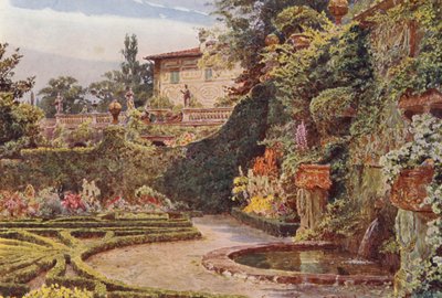 イタリアの庭園：パルミエーリ邸、花壇からのパラッツォ（カラーリトグラフ） 作： George Samuel Elgood