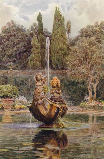 イタリアの庭園：アルドブランディーニ邸、花壇の噴水（カラーリトグラフ） 作： George Samuel Elgood