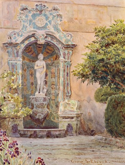 イタリアの庭園ヴィラ・アルソン、ヴィーナスの泉（カラーリトグラフ） 作： George Samuel Elgood