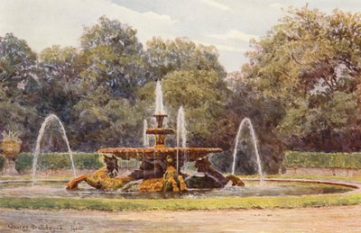 イタリアの庭園：ボルゲーゼ邸、海馬の噴水（カラーリトグラフ） 作： George Samuel Elgood